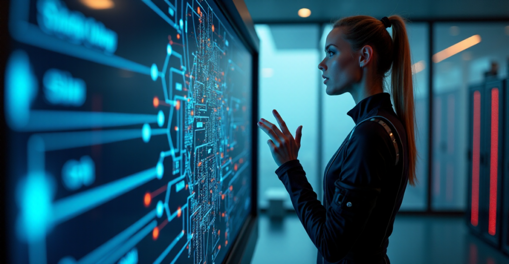 "A cybersecurity expert stands confidently in front of a digital network diagram, gesturing with one hand while holding a utility belt, against a high-tech laboratory background with cityscape view."