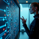 Cybersecurity Training: Unlock Continuous Protection with Proactive Strategies and Expert Guidance "A cybersecurity expert stands confidently in front of a digital network diagram, gesturing with one hand while holding a utility belt, against a high-tech laboratory background with cityscape view."