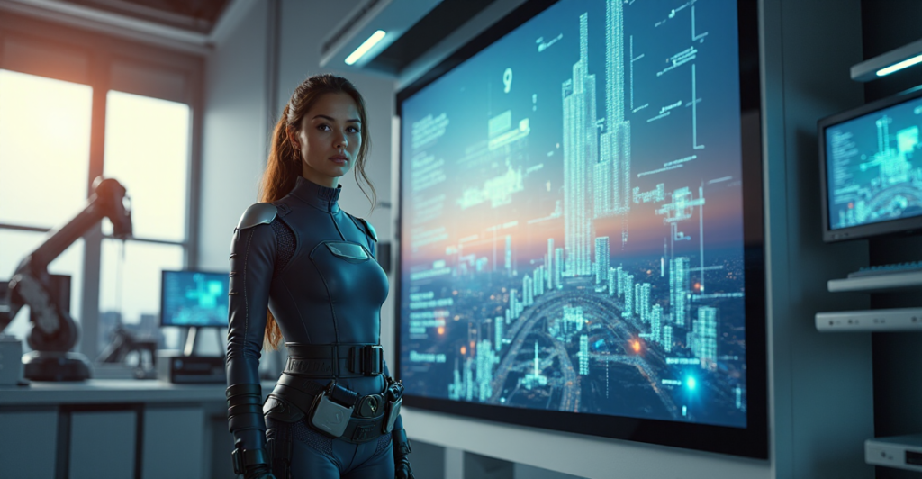 "A young woman stands confidently in a futuristic laboratory surrounded by robotic arms, computer screens, and AI-powered machines rebuilding a cityscape."