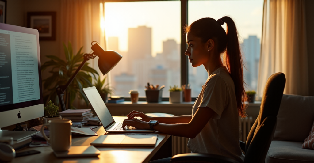 "A young woman focused on her work at a cluttered yet organized desk with multiple screens and books, showcasing future-proof skills in a freelance setting."