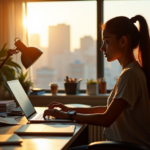 "A young woman focused on her work at a cluttered yet organized desk with multiple screens and books, showcasing future-proof skills in a freelance setting."