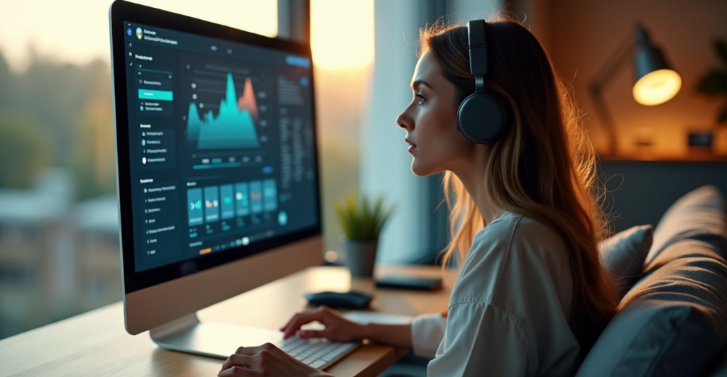 "A young woman sits on a modern couch, focused on an AI-powered online learning platform with interactive tools and modules on her computer monitor, surrounded by serene home office environment."