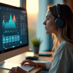 "A young woman sits on a modern couch, focused on an AI-powered online learning platform with interactive tools and modules on her computer monitor, surrounded by serene home office environment."