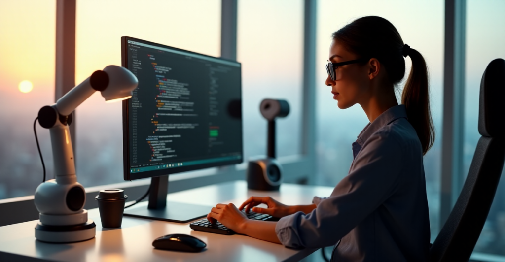 A young woman sits at a desk in her modern home office, typing on a laptop with AI automation tools and gadgets surrounding her, showcasing her remote work skills and mastery of AI Automation Skills.