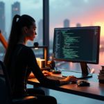 Transition into AI Automation Skills: Mastering Essential Competencies for a Future-Ready Workforce A young woman in a sleek black jumpsuit sits at a modern desk, intensely coding with AI tools and equipment surrounding her, showcasing future-proof skills in automation.