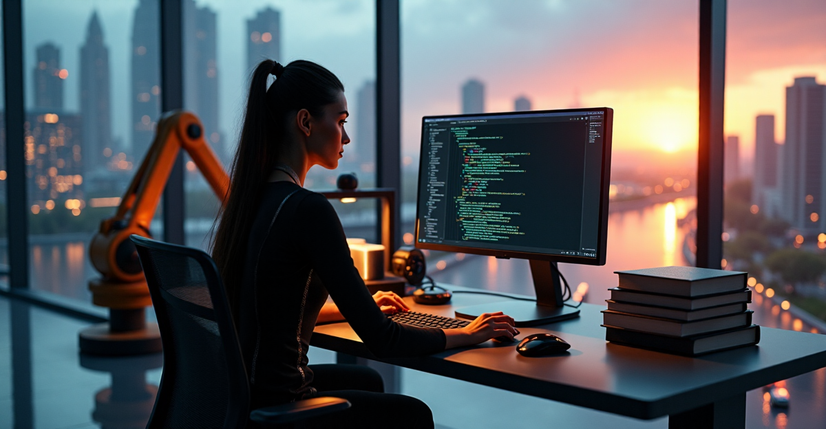 A young woman in a sleek black jumpsuit sits at a modern desk, intensely coding with AI tools and equipment surrounding her, showcasing future-proof skills in automation.