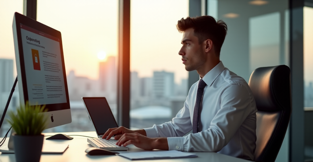 "A young professional sits attentively at a desk, focused on cybersecurity training with hands poised over a keyboard, conveying determination to future-proof skills."