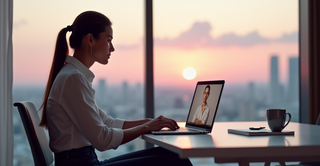 "A young professional woman works remotely in a minimalist office setting, leveraging AI automation skills amidst a serene cityscape at sunrise."
