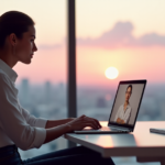 "A young professional woman works remotely in a minimalist office setting, leveraging AI automation skills amidst a serene cityscape at sunrise."