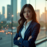 "A young professional woman stands confidently in front of a glass wall with a blurred cityscape, showcasing her mastery over career advancement strategies through AI automation skills."