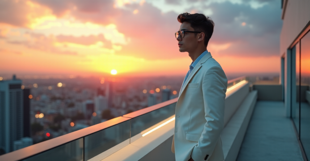 "A young professional stands confidently on a rooftop at sunset, symbolizing career success and AI automation skills in action."