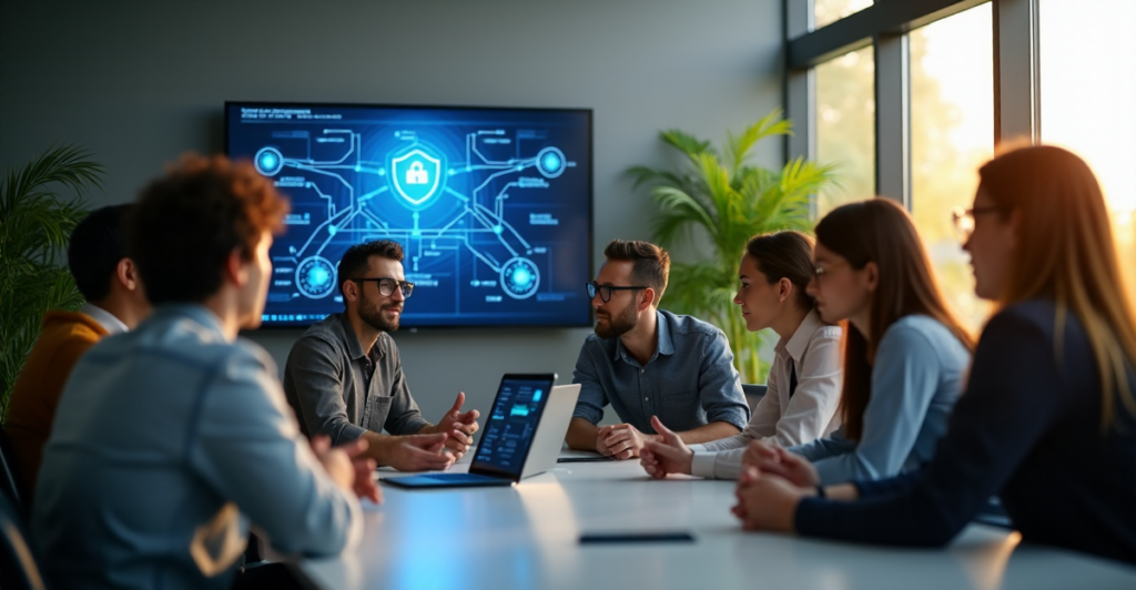 "Group of diverse individuals in a collaborative cybersecurity training session, focusing on AI automation skills with instructor guidance."