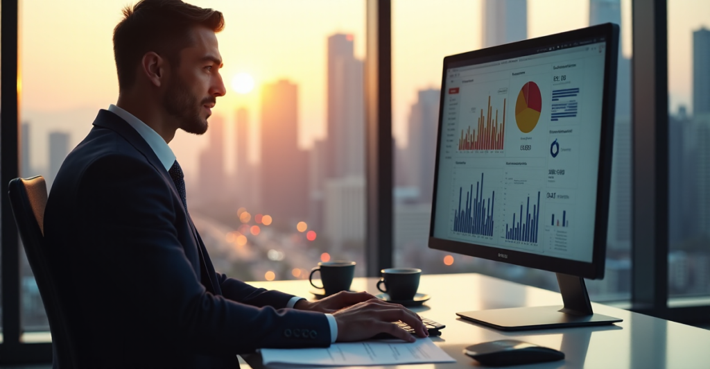 "Business executive sits at a modern desk, surrounded by data visualization dashboard on a high-resolution monitor, generated by AI-driven analytics software, with cityscape visible through a floor-to-ceiling glass window."