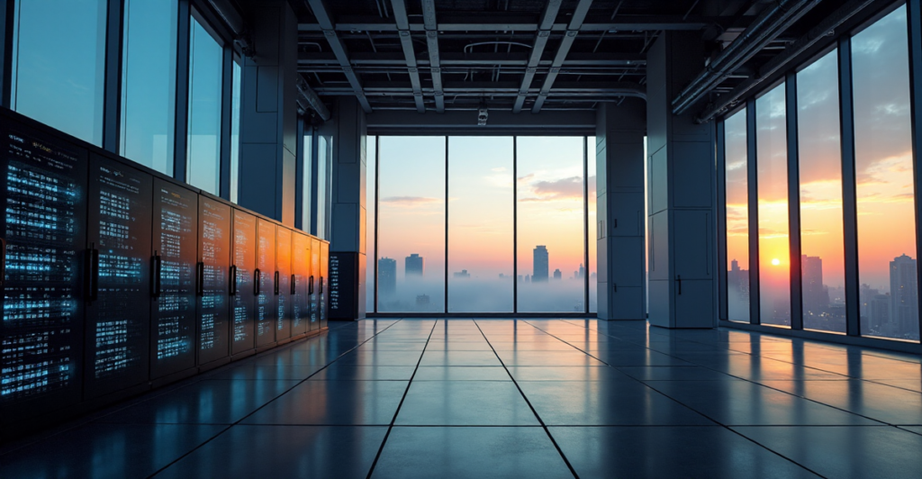 "A futuristic data center with a massive server room at its core, surrounded by floor-to-ceiling glass windows offering breathtaking views of an urban cityscape at dusk, highlighting technological advancement and future-proof skills."