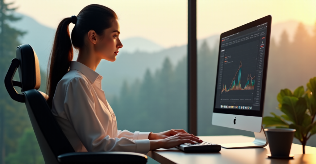 "A young professional woman sits in a minimalist home workspace, focused on AI automation software with a high-resolution data visualization graph on her computer screen."