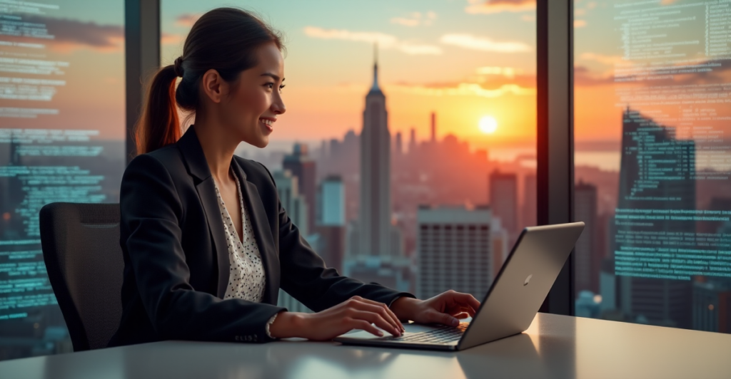 "A young professional woman sits confidently at a modern desk, gazing out at a futuristic cityscape on her tablet with AI-inspired design, conveying control and empowerment."
