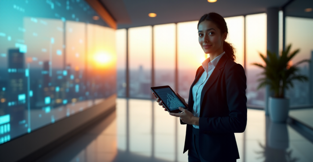 "A young professional stands confidently in front of a futuristic cityscape on a curved screen, with a robotic arm integrated into the background, holding a tablet displaying AI adoption growth."
