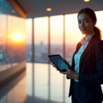 "A young professional stands confidently in front of a futuristic cityscape on a curved screen, with a robotic arm integrated into the background, holding a tablet displaying AI adoption growth."