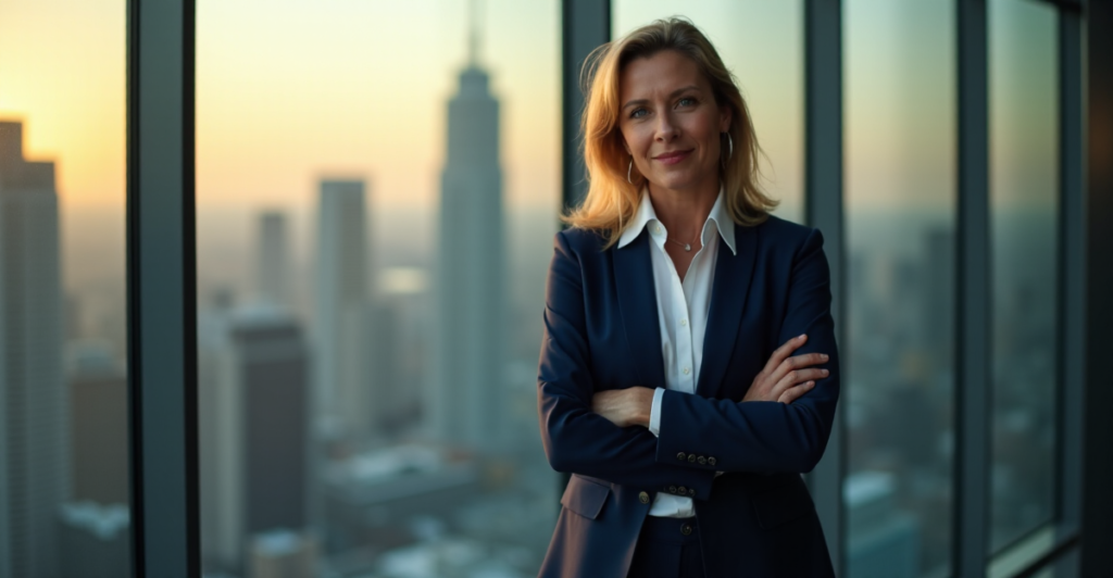 "A confident woman in a navy blue business suit stands in front of a cityscape, conveying leadership and authority, with a subtle smile and raised eyebrows."