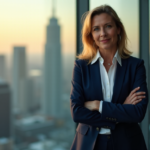 Career Advancement Strategies: Top Leadership Skills for Long-Term Growth and Success in Tech "A confident woman in a navy blue business suit stands in front of a cityscape, conveying leadership and authority, with a subtle smile and raised eyebrows."