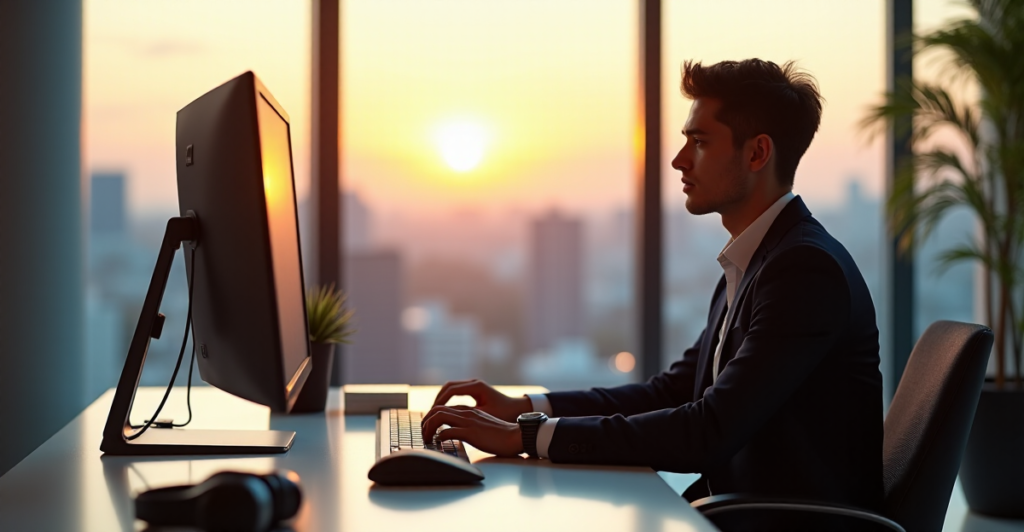 "A young professional sits at a minimalist desk, hands poised on a keyboard, surrounded by high-tech gadgets in a spacious office with a cityscape view at sunset."