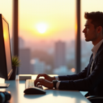 "A young professional sits at a minimalist desk, hands poised on a keyboard, surrounded by high-tech gadgets in a spacious office with a cityscape view at sunset."