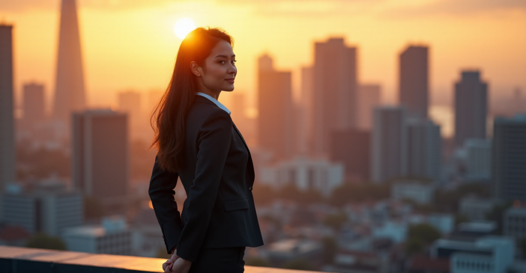 "A young professional woman stands confidently on a rooftop, looking out at a bustling cityscape as sunset approaches, conveying determination and self-assurance amidst AI Automation Skills-driven career growth."