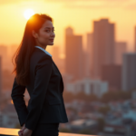 Master Top 10 Career Advancement Strategies to Boost Your Career in 2025 "A young professional woman stands confidently on a rooftop, looking out at a bustling cityscape as sunset approaches, conveying determination and self-assurance amidst AI Automation Skills-driven career growth."