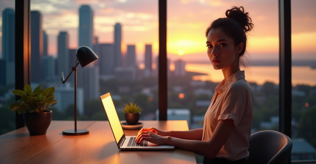 A young professional woman sits confidently at a minimalist desk, typing on her laptop with determination, surrounded by cityscape and natural light, showcasing her AI automation skills in action.