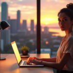 A young professional woman sits confidently at a minimalist desk, typing on her laptop with determination, surrounded by cityscape and natural light, showcasing her AI automation skills in action.