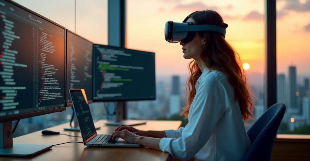"A young woman sits at a desk surrounded by screens displaying blockchain data, wearing VR glasses and poised to code, conveying determination and focus on acquiring future-proof skills in crypto education."