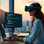 Blockchain and Crypto Education: Unlocking the Power of Decentralization "A young woman sits at a desk surrounded by screens displaying blockchain data, wearing VR glasses and poised to code, conveying determination and focus on acquiring future-proof skills in crypto education."