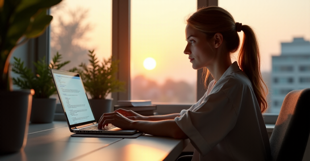 "A young professional woman works on a laptop in a minimalist home office with natural light, surrounded by organized cables, books, and plants, showcasing AI automation skills."