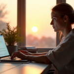 "A young professional woman works on a laptop in a minimalist home office with natural light, surrounded by organized cables, books, and plants, showcasing AI automation skills."