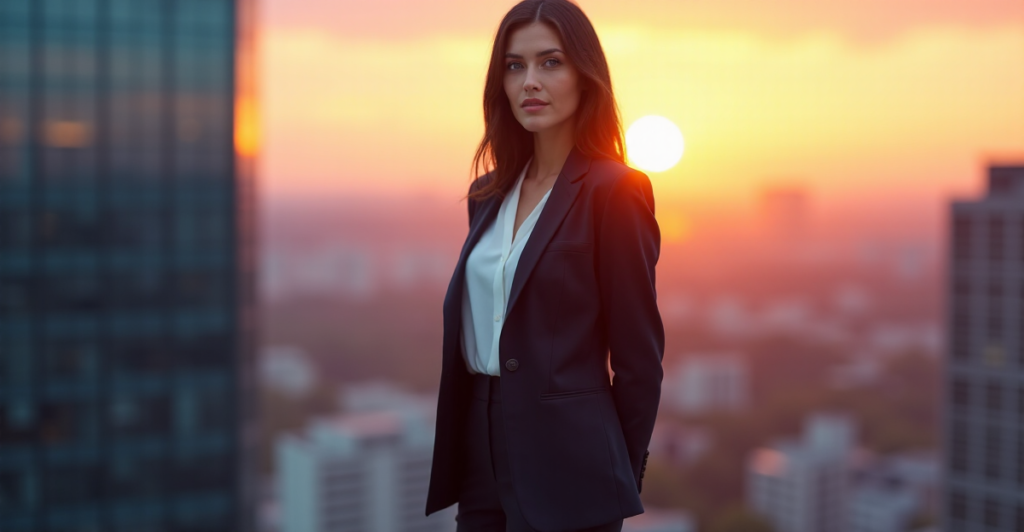 "A young professional woman stands confidently in front of a modern office building at sunset, exuding determination and ambition with future-proof skills."