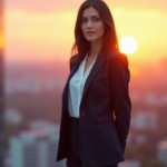 "A young professional woman stands confidently in front of a modern office building at sunset, exuding determination and ambition with future-proof skills."