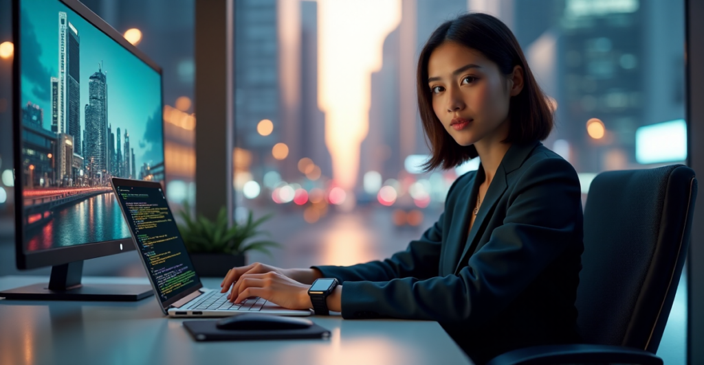 "A young professional woman sits confidently at a modern desk, surrounded by gadgets and a large screen displaying a futuristic cityscape, highlighting her focus on acquiring AI Automation Skills."