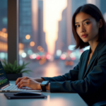 "A young professional woman sits confidently at a modern desk, surrounded by gadgets and a large screen displaying a futuristic cityscape, highlighting her focus on acquiring AI Automation Skills."