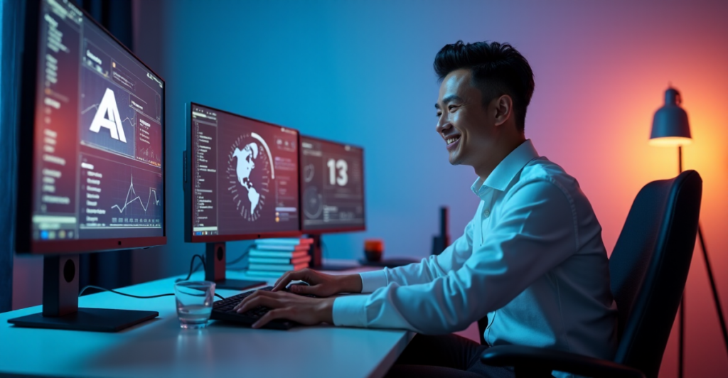 "A young professional sits confidently in front of a high-tech computer setup with multiple AI-powered learning platforms and automation tools, conveying mastery and control."