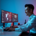 "A young professional sits confidently in front of a high-tech computer setup with multiple AI-powered learning platforms and automation tools, conveying mastery and control."