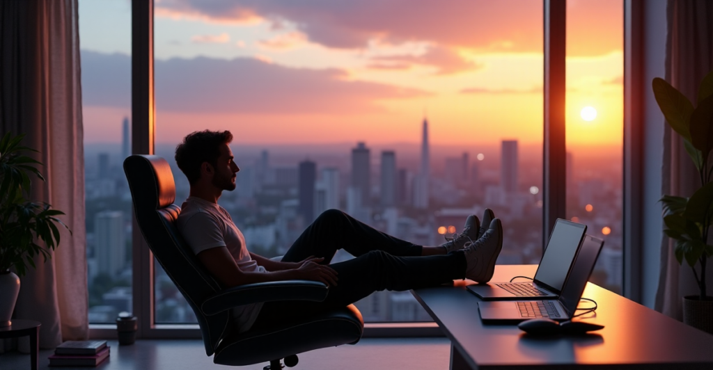 "Image of a remote worker in a minimalist home office, showcasing calm focus and productivity amidst a serene cityscape at sunset."