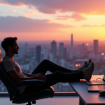 "Image of a remote worker in a minimalist home office, showcasing calm focus and productivity amidst a serene cityscape at sunset."