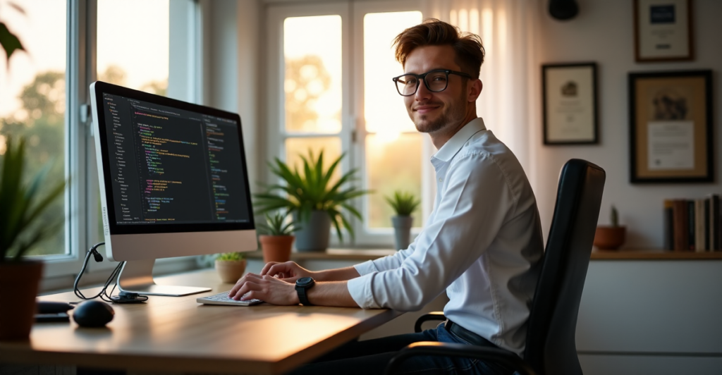 "A young freelancer sits confidently at a modern desk, surrounded by AI-powered tools and software, exuding calm focus and determination to develop future-proof skills."