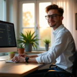 "A young freelancer sits confidently at a modern desk, surrounded by AI-powered tools and software, exuding calm focus and determination to develop future-proof skills."