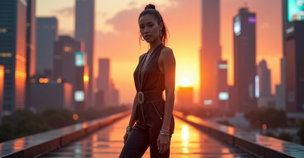 "A young woman stands confidently in front of a futuristic cityscape at sunset, embodying determination and resilience as she prepares to thrive in an ever-changing world with future-proof skills."