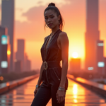 Develop Future-Proof Skills for Tomorrow's Jobs and Thrive in a Rapidly Changing World "A young woman stands confidently in front of a futuristic cityscape at sunset, embodying determination and resilience as she prepares to thrive in an ever-changing world with future-proof skills."