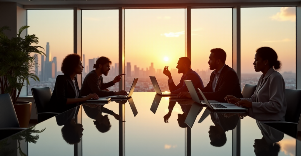 "A diverse group of professionals collaborate on a conference table in a modern office space, showcasing future-proof skills through teamwork and inclusivity."