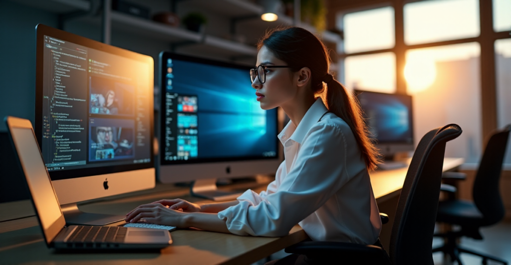 "A young woman in a professional outfit sits at a desk surrounded by computer screens and cybersecurity tools, contemplating complex threats amidst a dimly lit office space."