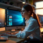 "A young woman in a professional outfit sits at a desk surrounded by computer screens and cybersecurity tools, contemplating complex threats amidst a dimly lit office space."