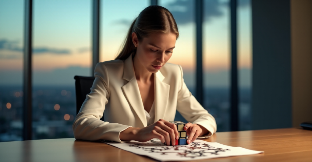 "A young adult in a crisp white business suit intensely focuses on solving a complex puzzle or Rubik's cube at a minimalist desk amidst a modern office space with a cityscape view."